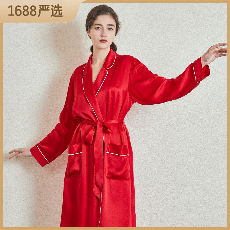 19 Mmi Silk Casual Long Nightgown Silk Women Silk Lapel Bathrobe Sexy Home Clothes Wedding Morning Gown