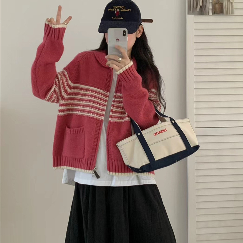 撞色条纹翻领毛衣外套女2025秋冬新款设计感宽松加厚针织开衫上衣|undefined