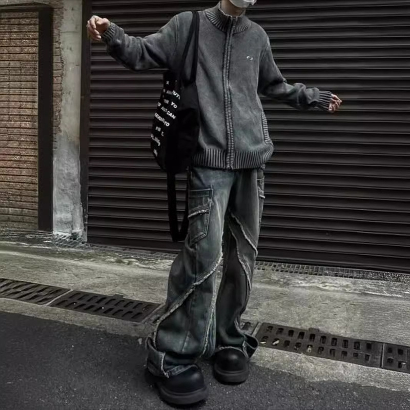 American Style Street Vibe Heavy Industry Stitching Ruffed Edge Zipper Micro Horn Jeans Men's Loose High Street Trousers for Men