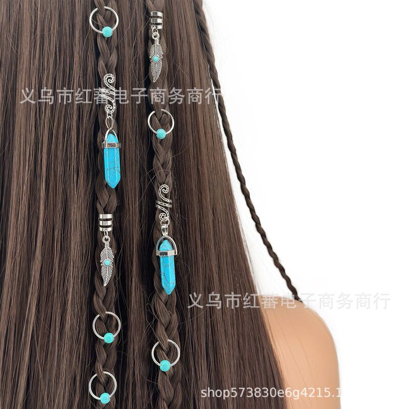 New Blue Totem Turquoise Gemstone Crystal Alloy Hair Accessories Set Ancient Silver Hair Ring Hair Ring Combination