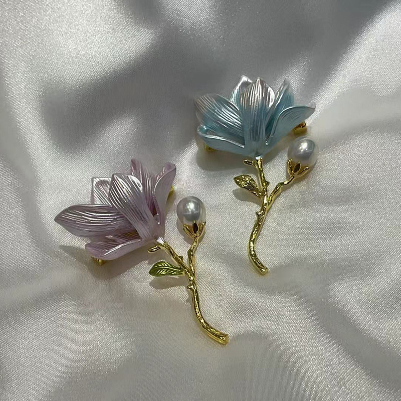 DIY Accessories Chinese Style Elegant and Exquisite Magnolia Brooch Women's Enamel Painted Elegant Brooch Pearl Corsage Empty Holder