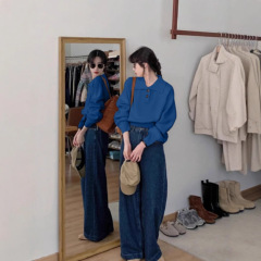 青い襟の長袖のニットの底のシャツの女性の秋冬のゆったりしている短いタイプのセーターの中で気質の小さい上着を掛けます。