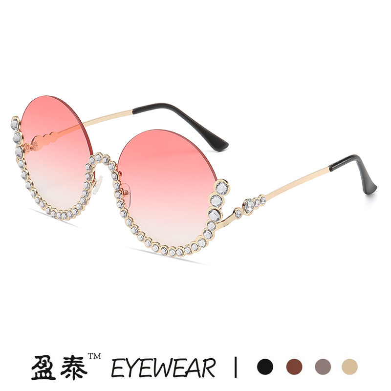 Round Diamond-embedded metal sunglasses 2023 new half-frame sunglasses cross-border European and American gorgeous gradient sunglasses fashion
