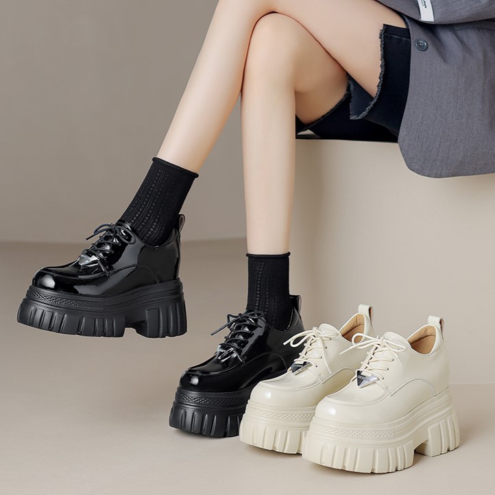 Giày loafer nữ đế xuồng platform buộc dây, gót ẩn tăng chiều cao — màu đen