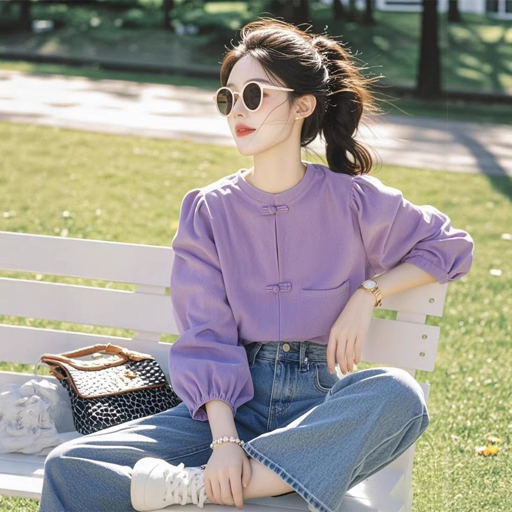 Áo sơ mi nữ tay dài cổ tròn phong cách Trung Hoa, khuy cài kiểu, dáng suông basic — màu tím chi tiết 1