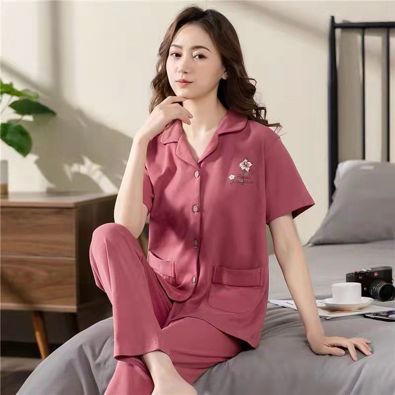 Pijamas pantalones de manga corta de algodón de verano de las mujeres traje de ropa para el hogar primavera y otoño Chaqueta de punto de las mujeres de la solapa delgada se puede usar fuera