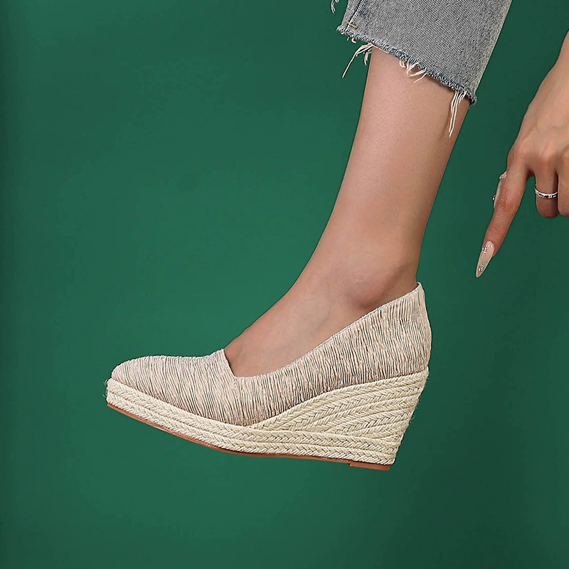 Новые тканые весенне-осенние туфли на танкетке с толстой подошвой и высоким каблуком с мелким ртом, одиночные туфли, женские соломенные плетеные, дно из пеньковой веревки, трансграничная Внешняя торговля AliExpress