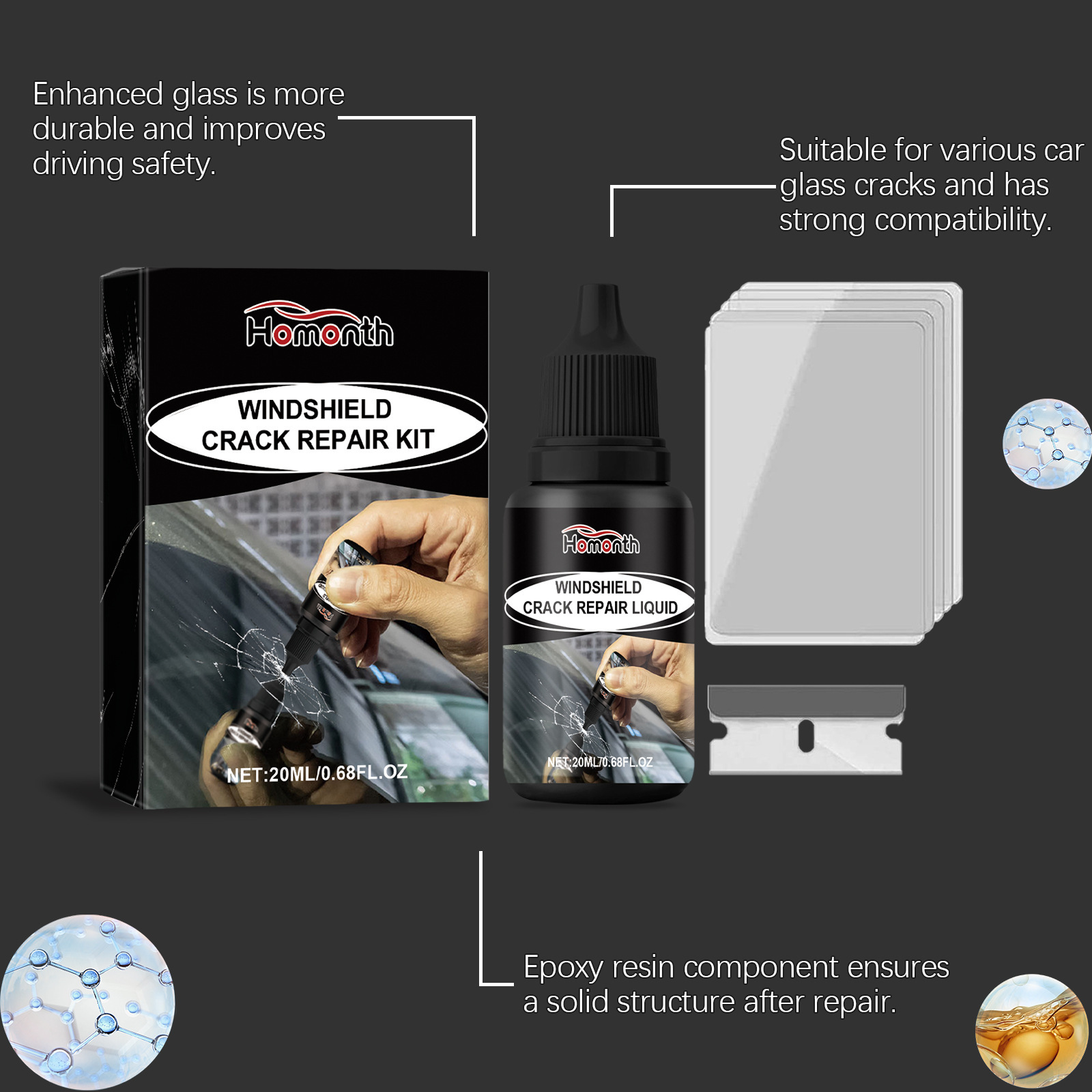Cross-Border Hot-Selling Product Homonth Car Windshield Care Solution Car Glass Cleaning and Crack Care Agent
