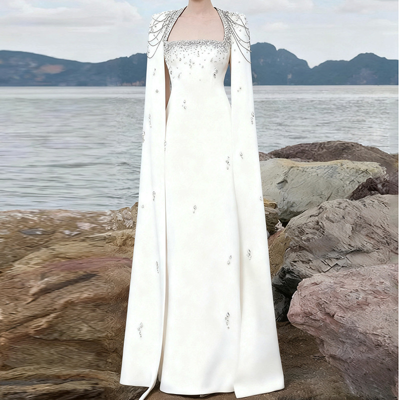 In-Stock European and American Celebrity Evening Dresses 2026 New Model Heavy Beading Chain Shoulder Cape Sleeve Floor-Length Gown
