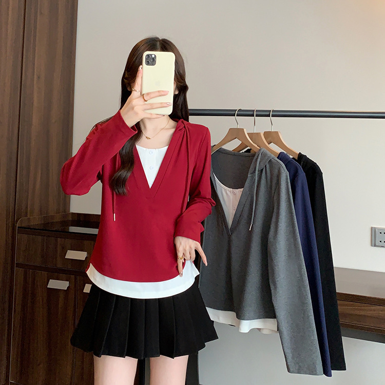 2025秋装新款胖mm大码女简约减龄撞色拼接假两件抽绳长袖卫衣上衣|undefined