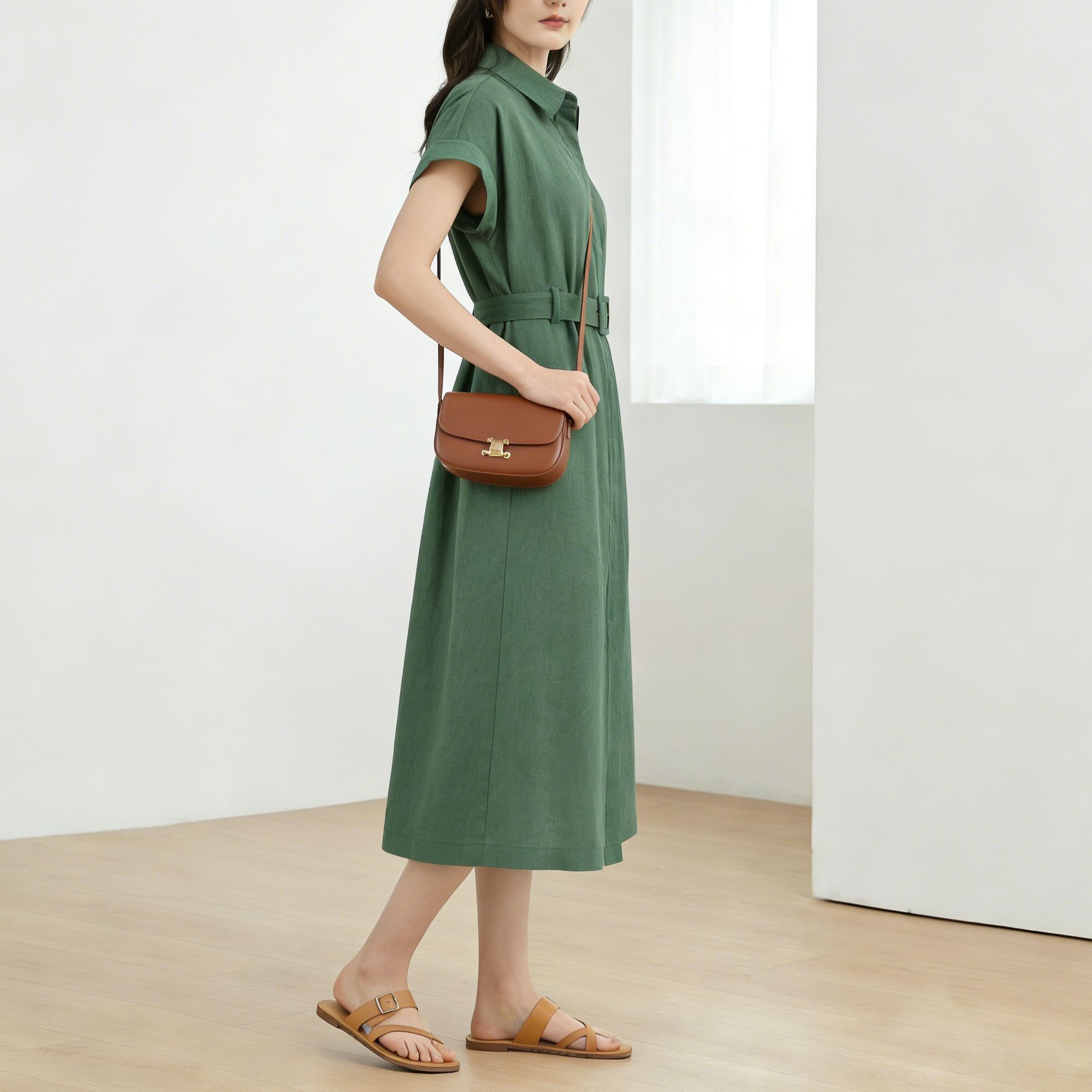 Đầm sơ mi nữ tay ngắn thắt eo chất liệu linen dáng dài — màu đen chi tiết 4