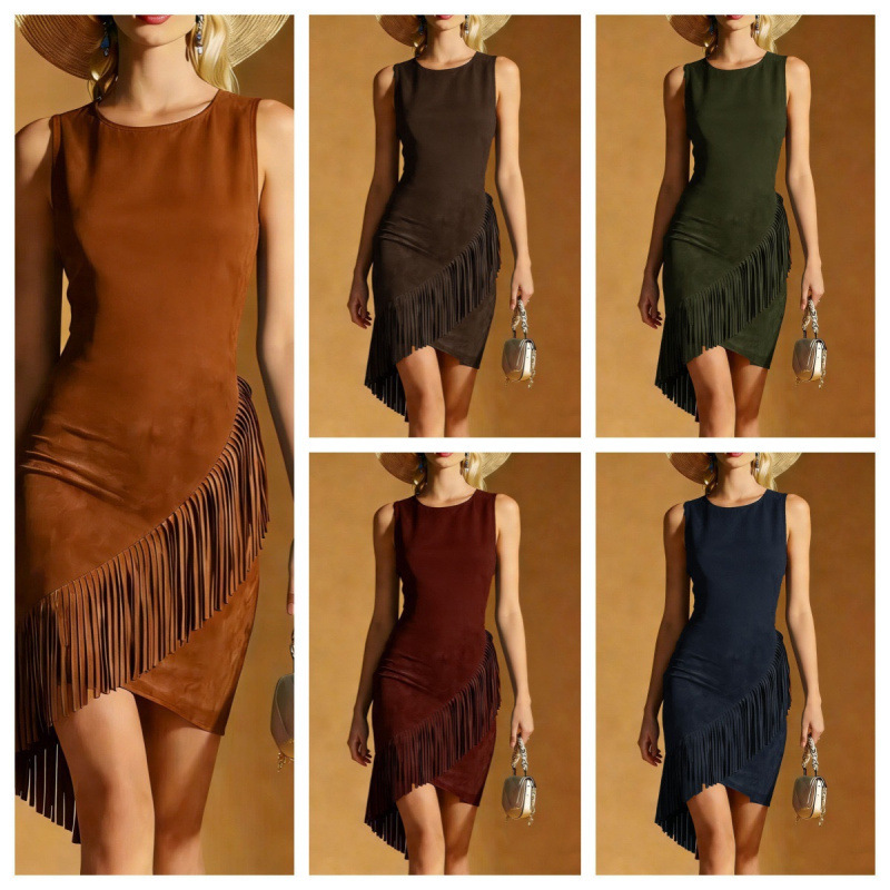 Cross-Border Design-Inspired Tassel-Style Bodycon Dress, Sleeveless Tank Dress, Summer Western European and American Irregular Skirt