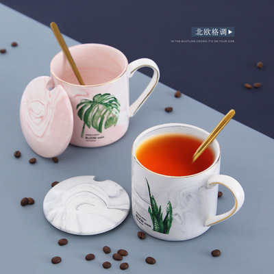 陶瓷馬克杯帶蓋帶勺 創意情侶生女喝水杯 家用植物大理石紋杯子