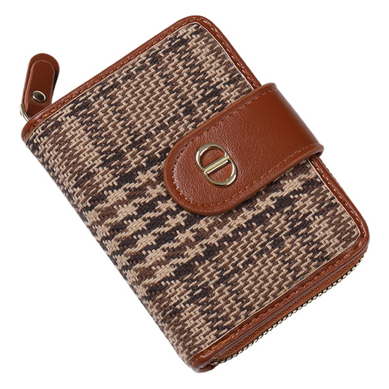 Luz de lujo nueva pequeña cartera de las mujeres hebilla corta houndstooth lona multi-Tarjeta anti-desgaussing de gran capacidad de gama alta billetera