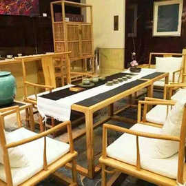 新中式简约茶楼会所茶桌组合 免漆老榆木石面实木餐桌椅 会客家具
