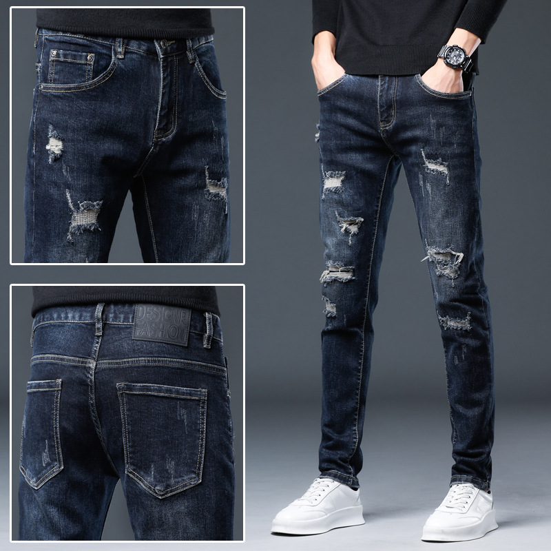 Xintang nuevo rasgado bordado jeans de estilo coreano de los hombres de moda estiramiento adelgazante Delgado casual pequeños pies pantalones largos hombres