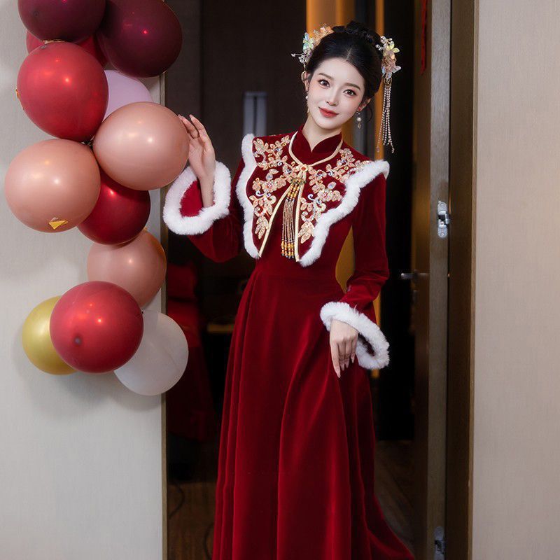 New Chinese-Style Toast Dress for Brides 2025 New Engagement Wedding Homecoming Long-Sleeve Gown Autumn and Winter Thickened Xiuhe Suit for Women