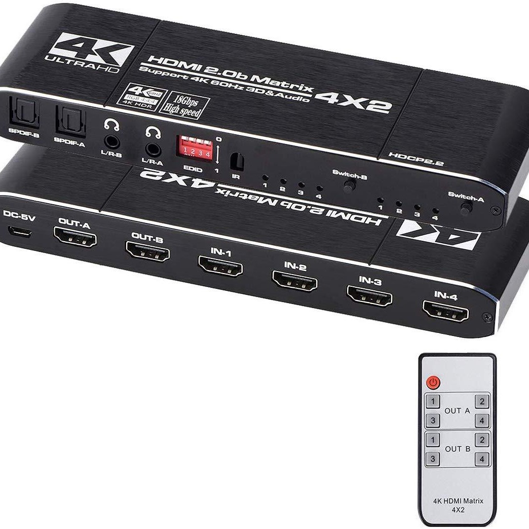 Hdmi2.0 Matrix 4 in 2 Out HDMI Matrix 4X2 with Dual Audio Separation Hdcp2.2 4K60Hz