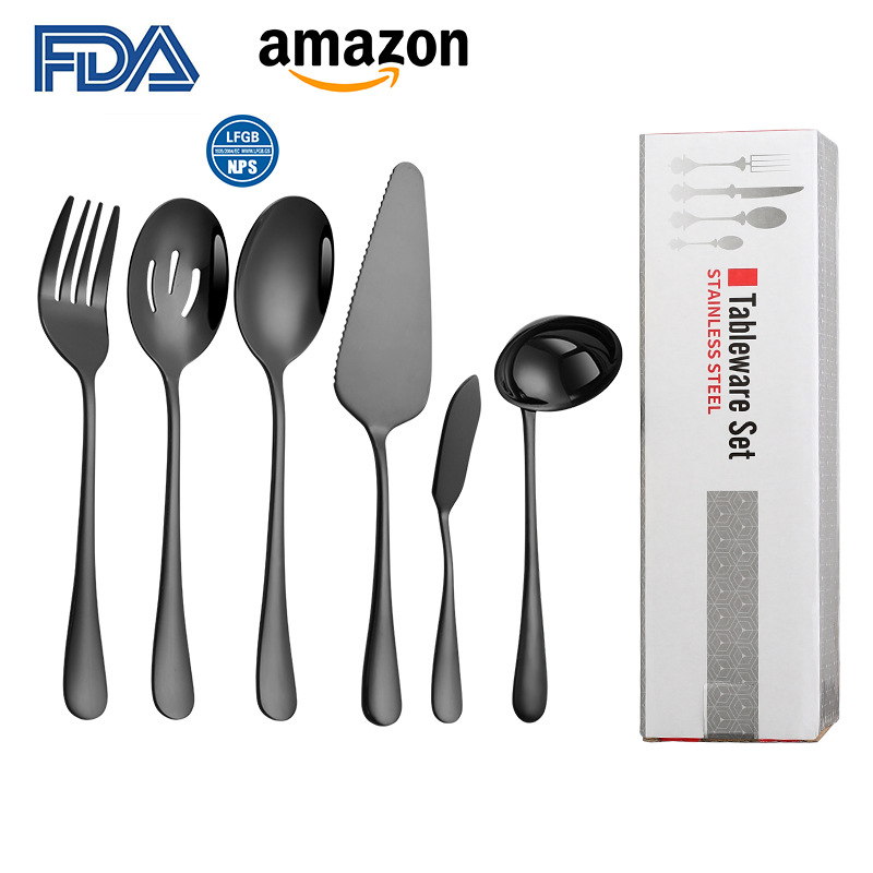 不锈钢公用餐具六件套 酒店分菜勺叉汤壳漏勺牛油刀蛋糕铲套装