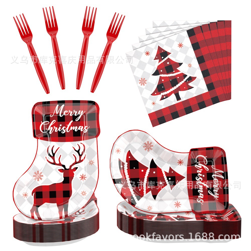 Nuevos tipos de medias de Navidad de forma alienígena platos de papel set de vajilla de Navidad vasos de papel desechables toallas de papel dibujo de bandera decoración de fiesta