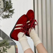 2025秋冬加绒新款复古真皮运动德训鞋女双色系带舒适软底阿甘鞋女