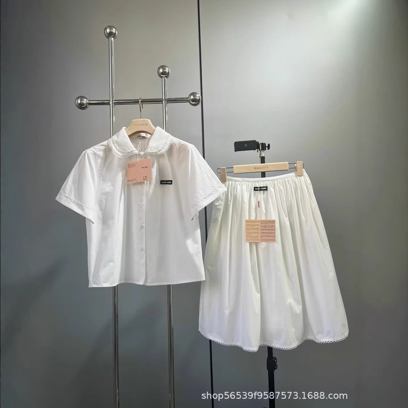 2026 Spring New Style Miu Fashion Fresh Doll Collar Lettered Short-Sleeved Lace Collar Shirt + Half-Length Skirt
