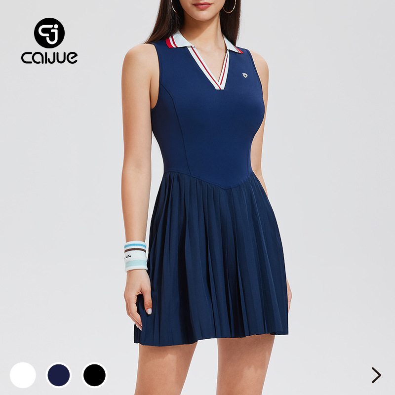 Caijue Tennis Dress for Women, Sleeveless Polo Collar Pleated Skirt, Waist-Cinching Slim Fit, Slimming Badminton Sports Dress for Summer