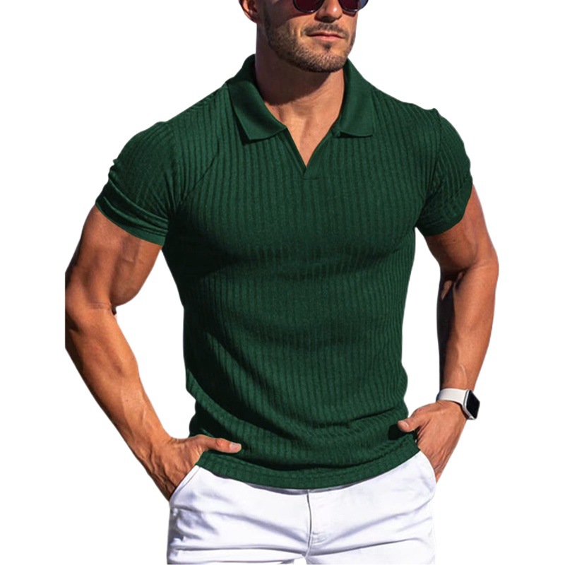 Cross-Border European and American Summer Aliexpress Amazon New Polo Shirt with Lapel, V-Neck, Vertical Stripes, Short-Sleeved for Men