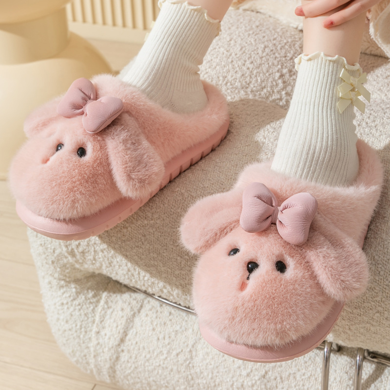 Pantofole di peluche a forma di cucciolo per donna - Simpatiche pantofole da casa a forma di cane con suola spessa antiscivolo e fiocco_voghion.com