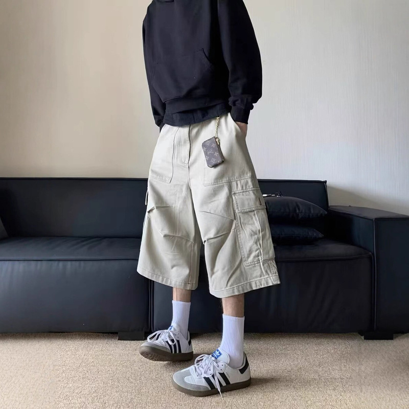 New Summer Thin Loose Wide-Leg Cargo Shorts for Men Japanese Style Trendy Brand Ins Straight Casual Elastic Cropped Pants