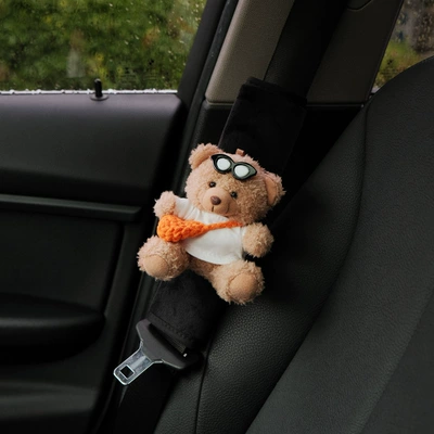 bear women, Seat belt shoulder pad - pure-white-shirt-with-orange-cross-pack-bear-black-velvet-shoulder-pads-single
