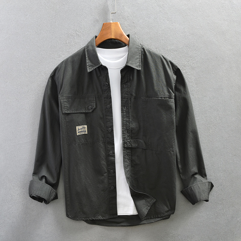 Retro Japanese-Style Long-Sleeve Khaki Thin Cotton Shirt for Layering, Wrinkle-Resistant Outerwear Shirt Jacket for Men, Suitable for Spring and Autumn