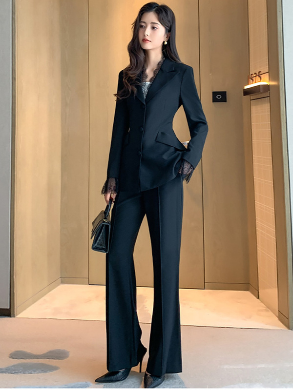 【品牌专供】蕾丝设计西装套装女高级感气场全开西服微喇裤2件套|undefined