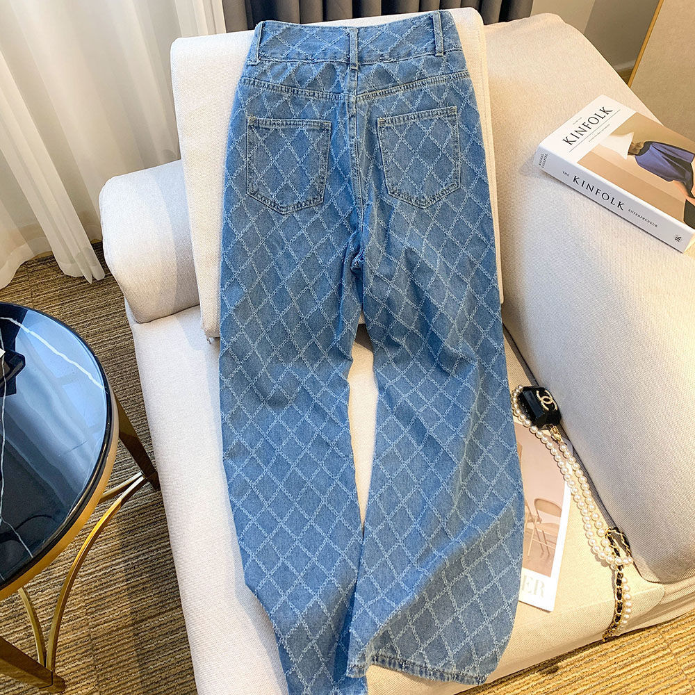 490g Weight Full Length Pants Length Polyester, Denim Cotton Fabric Type High Waist Waist Line Jeans, Straight Pants Pants Type Inelastic Elasticity Holiday, Daily Occasion Loose Fit Type Argyle Pattern Spring, Autumn Season Women's Gender Pocket Design Casual, Streetwear Style Women's Holiday Daily Casual Streetwear Argyle Full Length Pocket Jeans Straight Pants 5