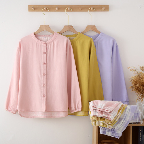 Spring and autumn thin yarn-dyed gauze women's pure cotton pajamas set Japanese long-sleeved pullover plaid home clothes can be worn outside
