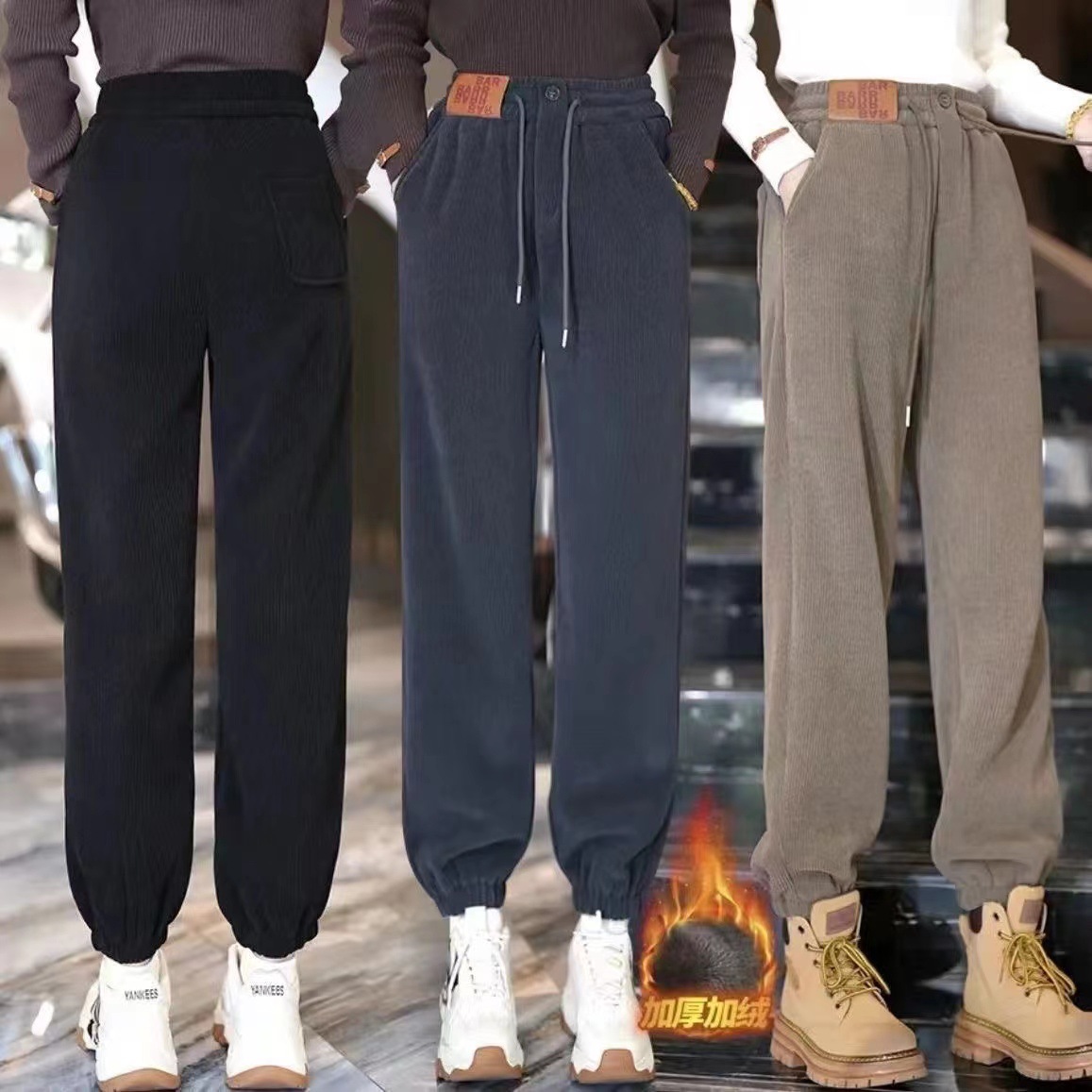 Lana forrada de pana engrosada Otoño e Invierno de cintura alta caliente casual tobillo-atado deportes harem Pantalones ropa de mujer image 5
