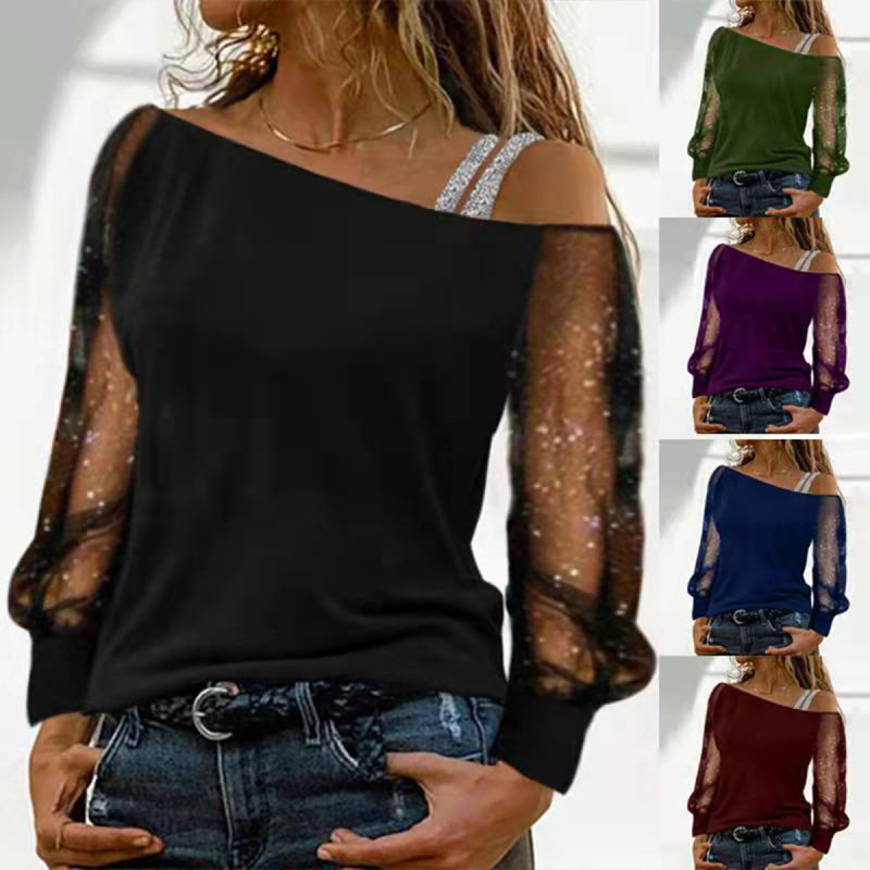 2022wish Amazon AliExpress New Oblique Collar Mesh Shoulder Long Sleeve T-shirt Fashion Collar Base Shirt