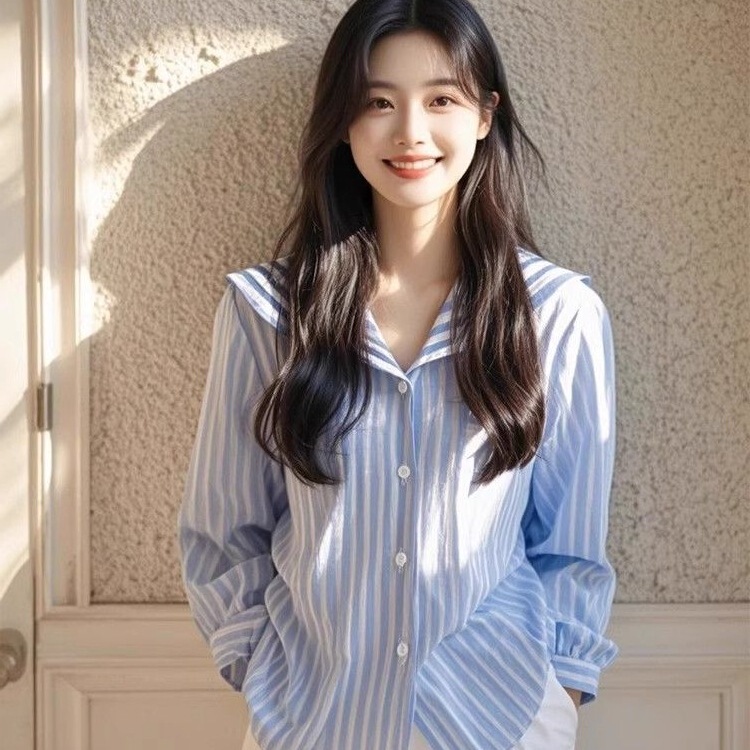 French Blue Striped Navy Collar Long Sleeve Shirt Dopamine Sense Temperament Small Top Women's Early Autumn