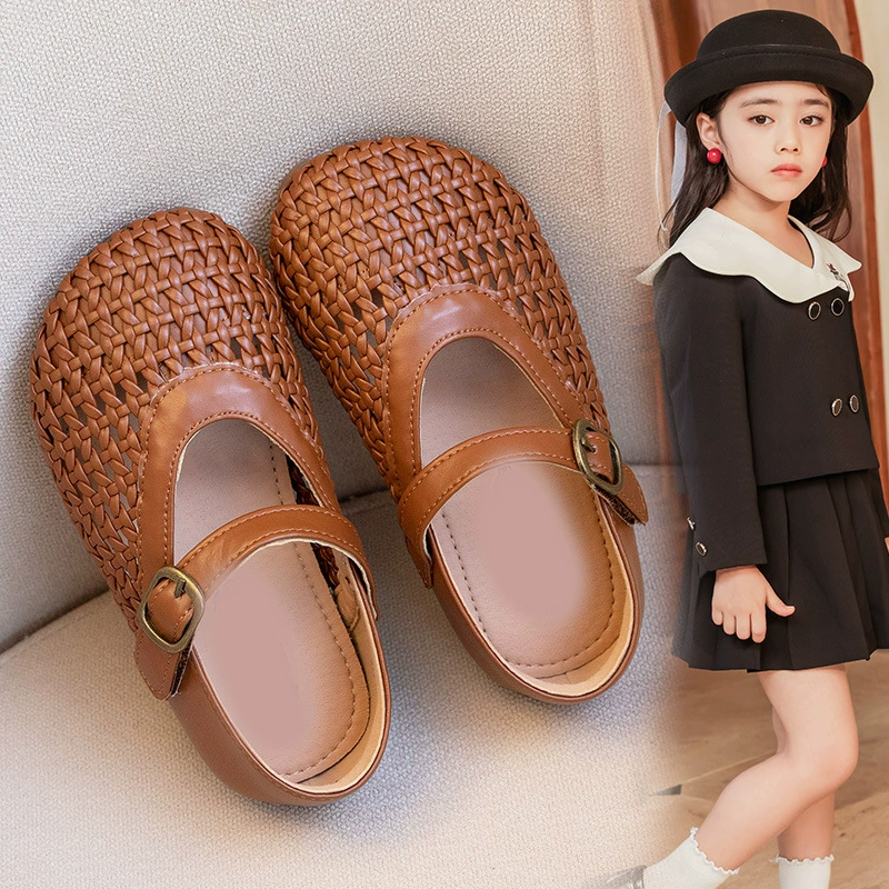 2025 новые летние девичьи сандалии Мэри Джейн с вырезами, плетеные дышащие полусандалии для маленьких девочек в стиле принцессы