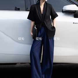 年夏季通勤气质亚麻盘扣宽松西装套装阔腿裤慵懒两件套