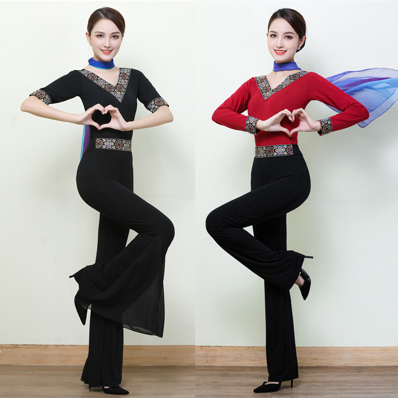 Body-fitting Clothing Slim-fitting Ethnic Style Embroidery Stitching Elegant Manners Show Dance Modern Dance Square Dance Practice Suit