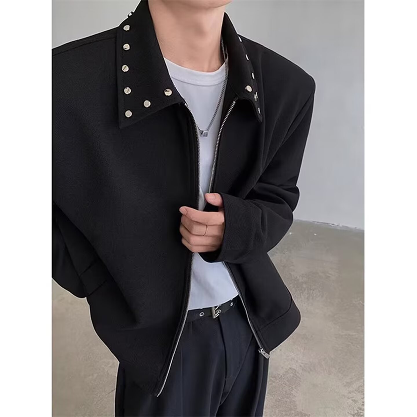 美式vibe金属铆钉垫肩短款外套男秋季高级感痞帅cleanfit翻领夹克