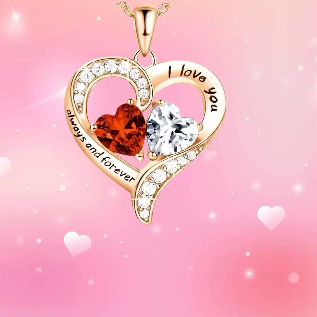 欧美跨境热销满镶锆石心形双心钻吊坠浪漫爱心项链锁骨链情人礼物