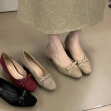 方头绒面浅口女鞋粗跟拼接温柔单鞋2025新款通勤女鞋