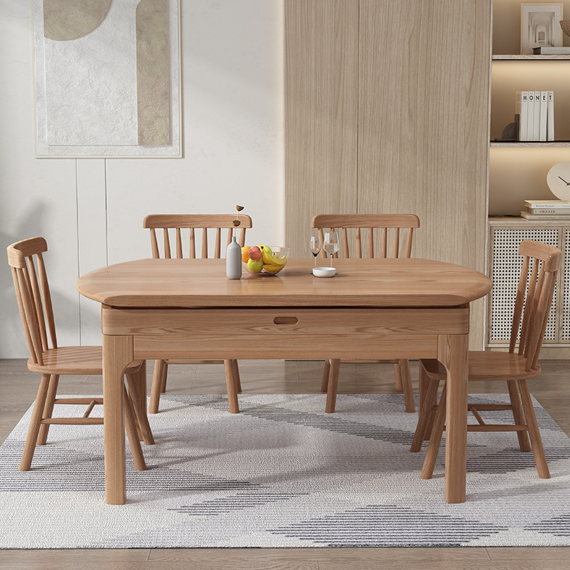 Mesa de comedor de madera de cera blanca nórdica hogar plegable retráctil mesa cuadrada y redonda de doble uso moderna mesa de comedor minimalista y combinación de silla