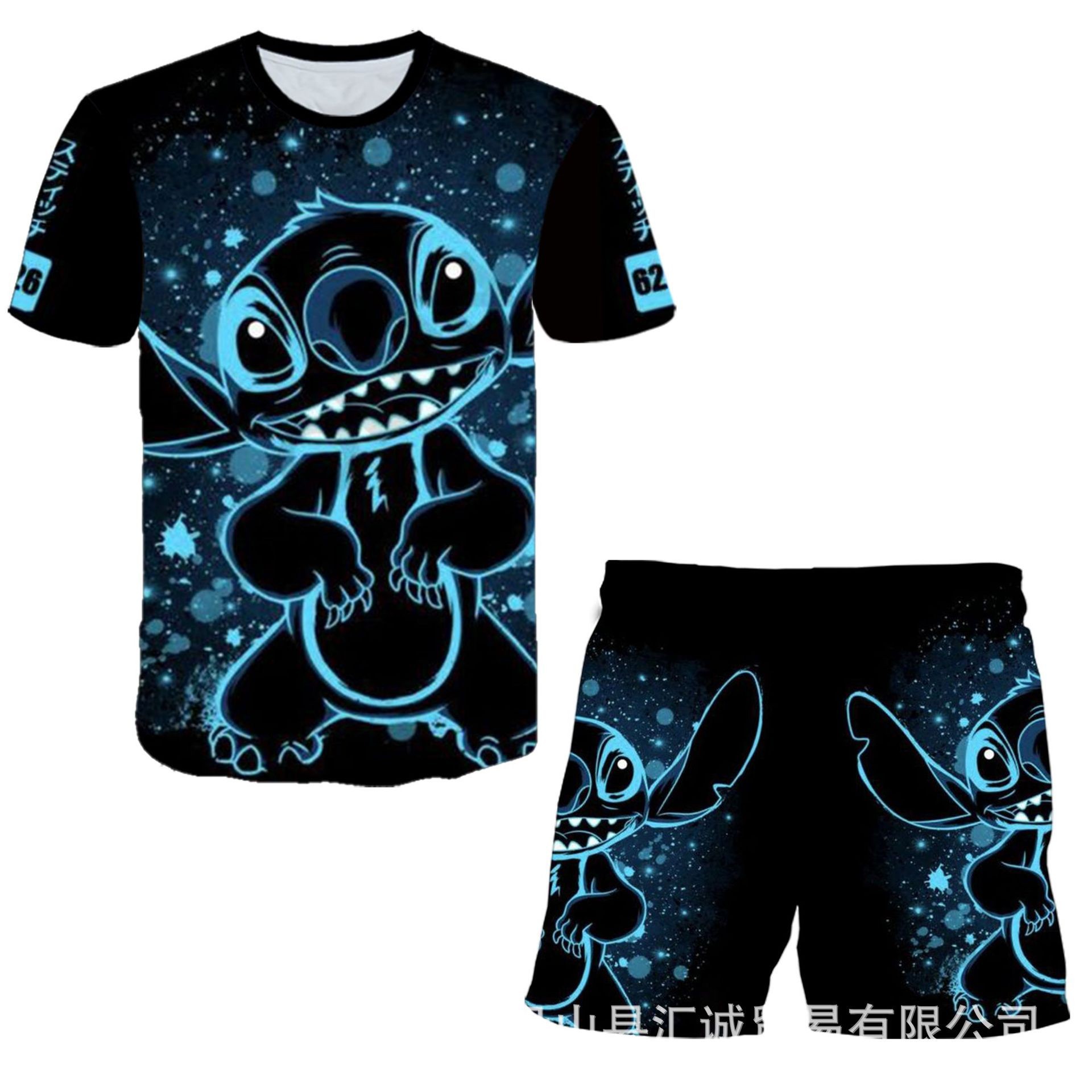 跨境速卖通外贸专供史迪仔3d卡通印花儿童T恤+短裤 休闲短袖男女