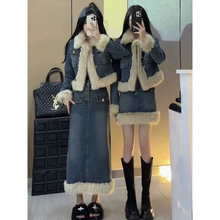 韩版小香风牛仔裙套装女冬季新款美德拉毛绒拼接外套辣妹短裙套装