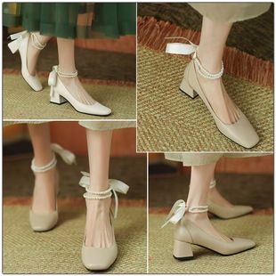 European and American fashion simple color ribbon double pearl anklet shoe chain women's high heels sandals accessories ankle strap