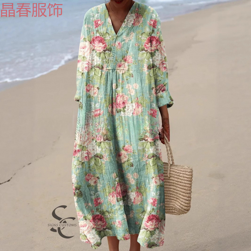 Cross-Border Independent Long-Sleeved Shirt Dress for Women Casual Floral Print Sleeve Long Dress