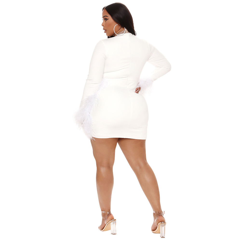 Plus Size Long Sleeves See-Through Feather Sheath Dress NSCYF112362